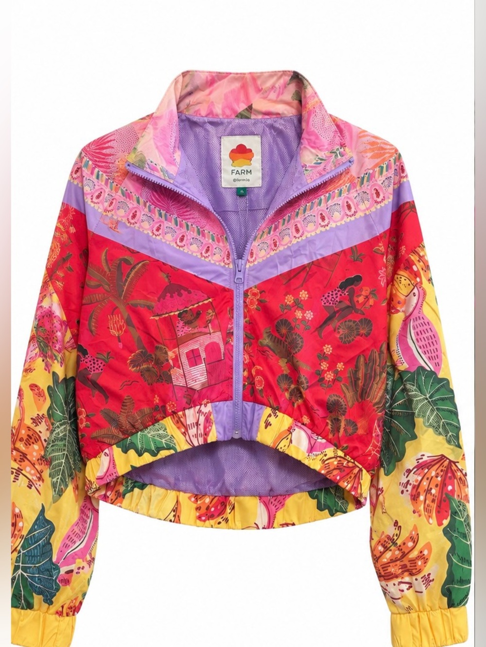 NWT FARM Rio Printed Cropped Windbreaker Jacket Floral Pink Red L